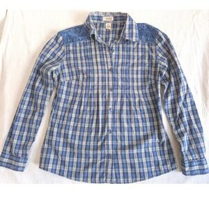 Route 66 Blue Plaid Lace Shoulder Pintuck Boho Western Shirt Women Medium